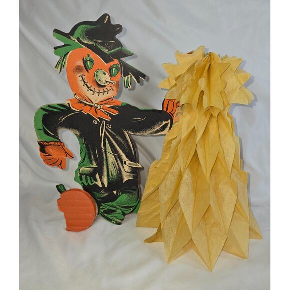 Vintage Beistle Halloween Decoration Scarecrow Haystack Honeycomb 10" 1950s - Picture 15 of 16